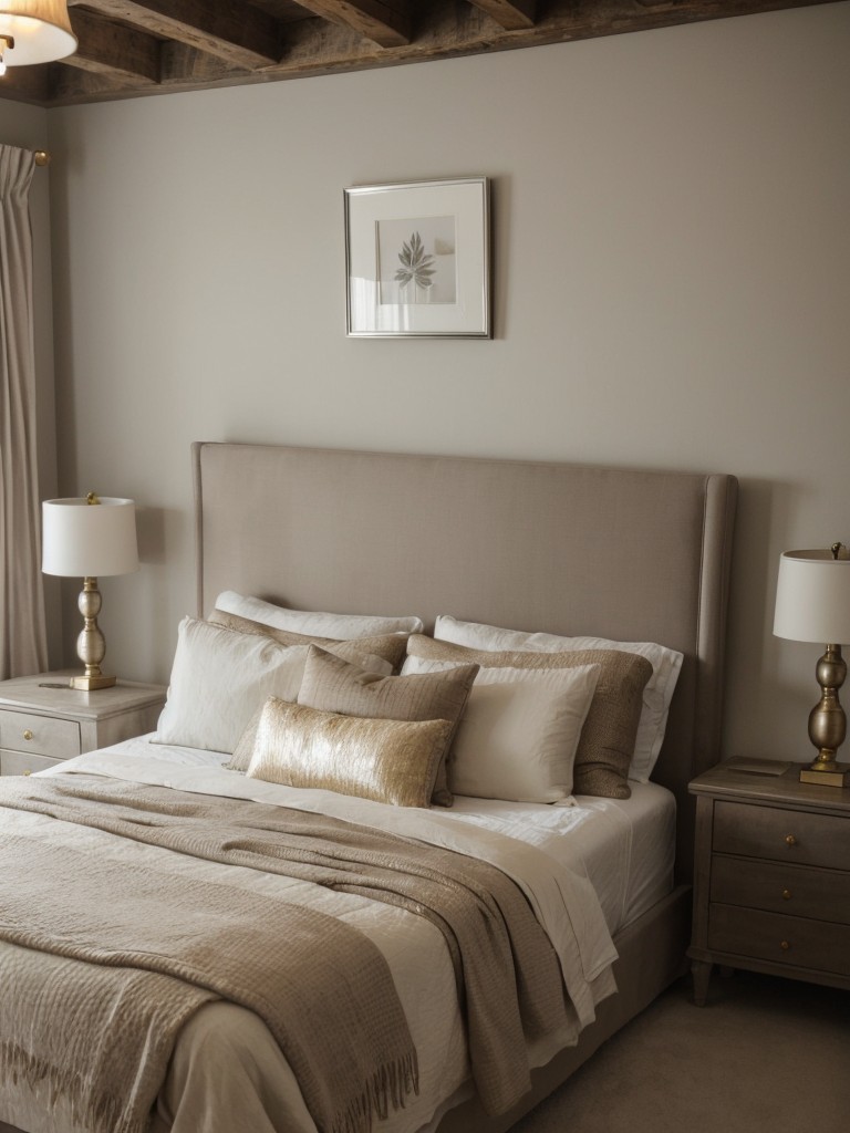 Rustic chic apartment inspo: Elevate your bedroom with taupe and metallic accents!