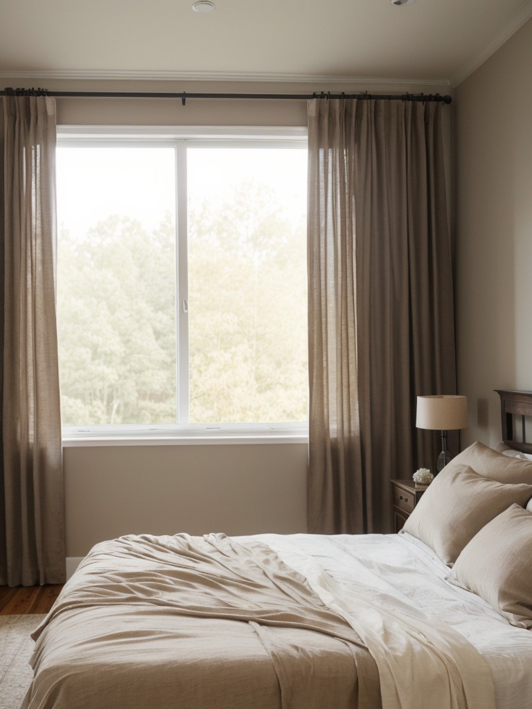 Cozy Taupe Apartment: Dreamy Bedroom with Full-Length Curtains