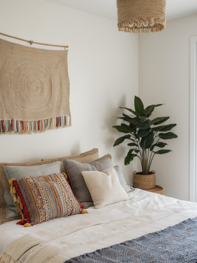 Textile Variety: Elevate Your Bedroom with Vibrant Pillows, Macramé, and Woven Rugs!