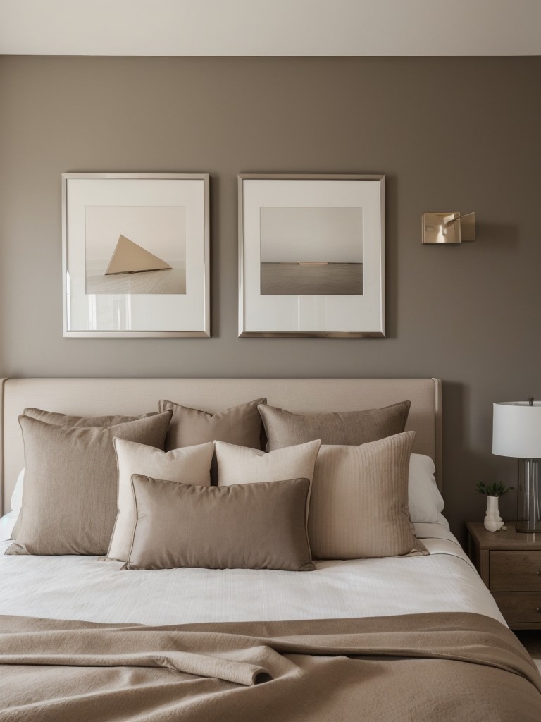 Chic & Streamlined: Taupe Bedroom with Vibrant Accents