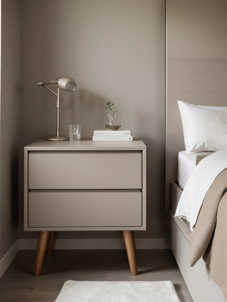 Streamlined & Stylish: Minimalist Taupe Bedroom with Smart Storage.