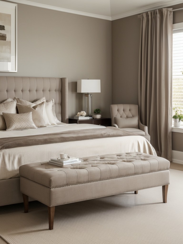 Chic Taupe Bedroom: Add Luxury with a Tufted Bench!