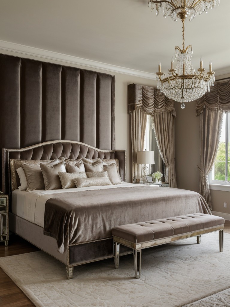 Luxurious Taupe Boho Bedroom Ideas: Create a Sophisticated Look with Velvet, Mirrors, & Chandelier