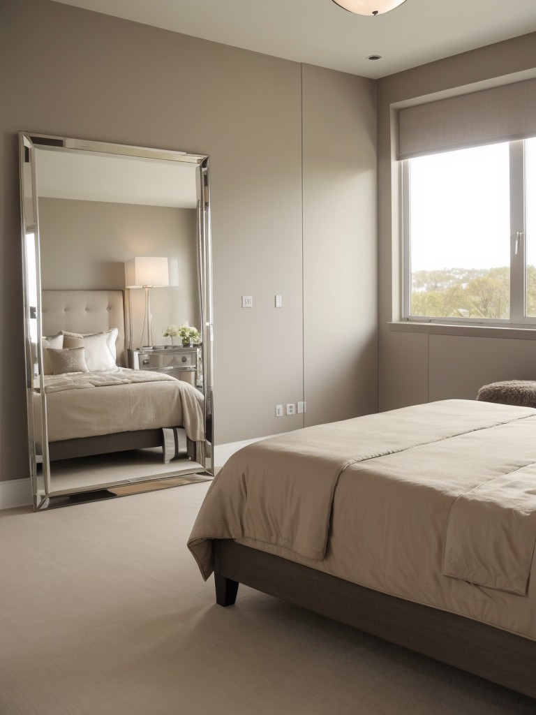 Elegant Taupe Bedroom Decor: Openness and Brightness through Windows & Mirrors