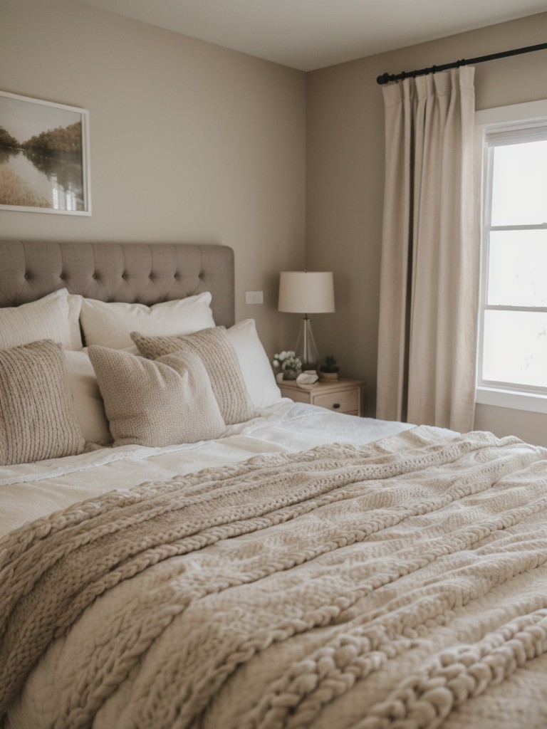 Cozy Chic Apartment Bedroom with Taupe Tones and Plush Pillows.