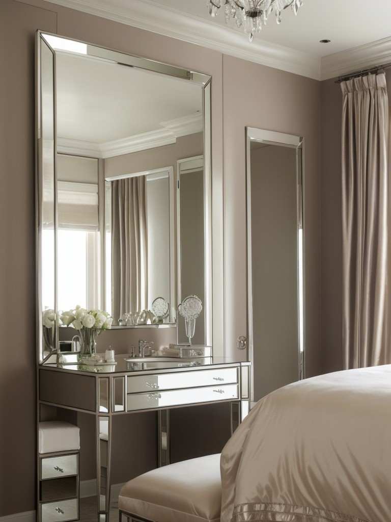 Hollywood regency bedroom with luxe satin drapes & mirrored vanity