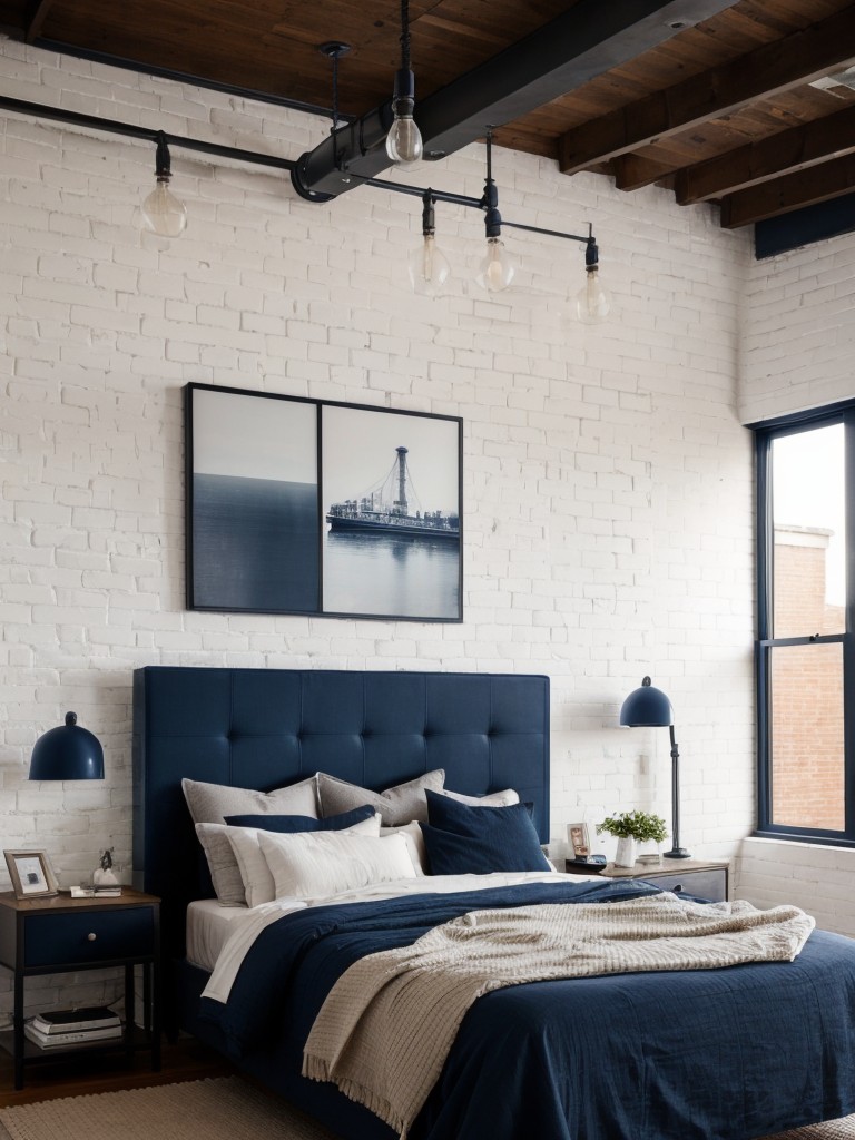 Industrial Chic: Navy Bedroom Inspiration with Exposed Brick!