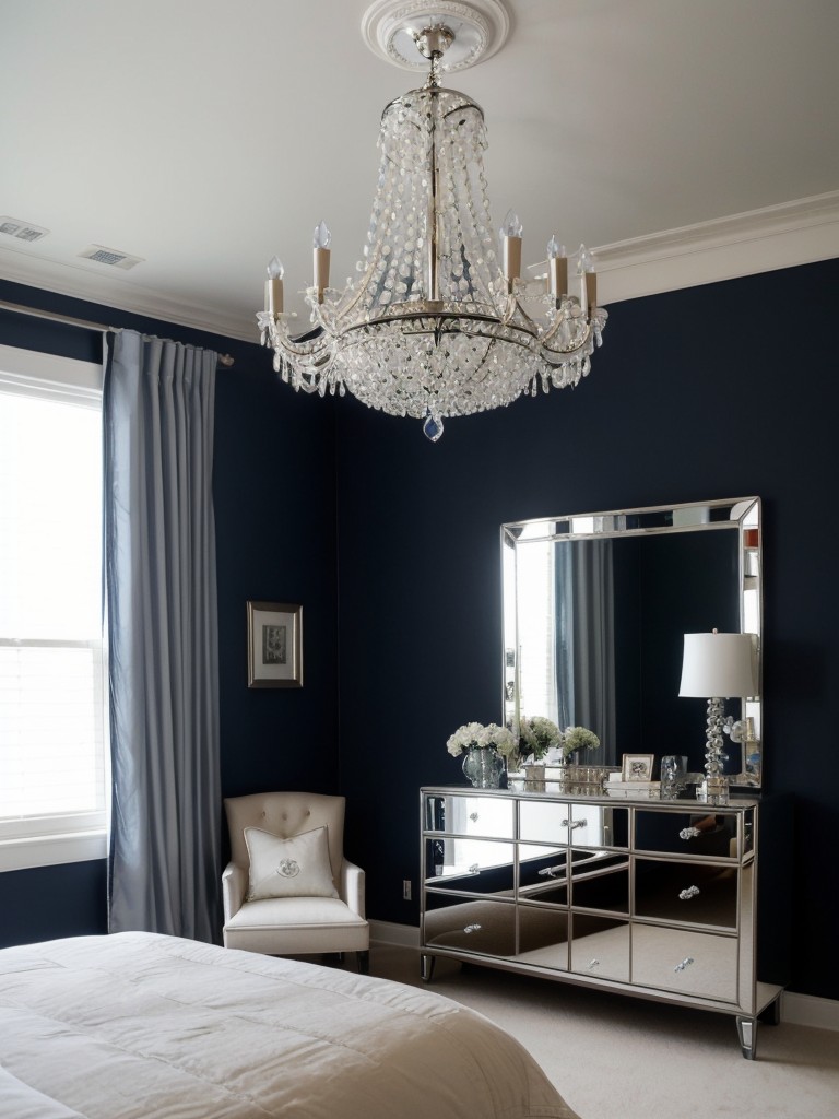 Chic Navy Bedroom Inspo: Mirrored Glamour & Crystal