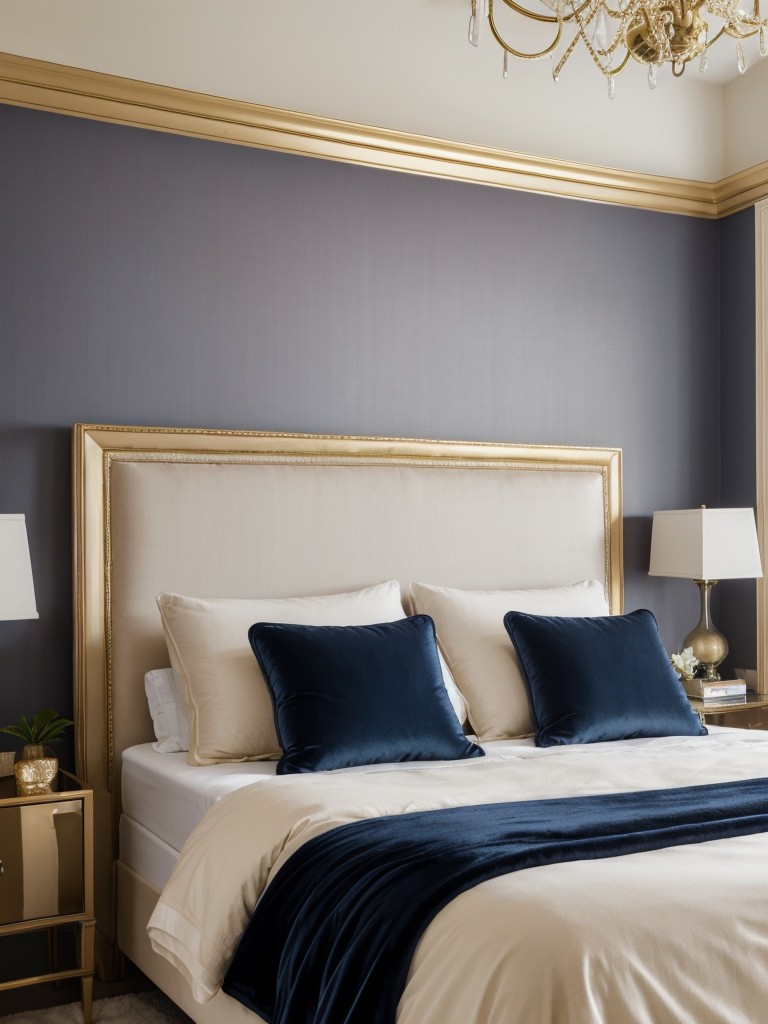 Chic Navy Bedroom Inspo: Velvet Headboard & Gold Accents!