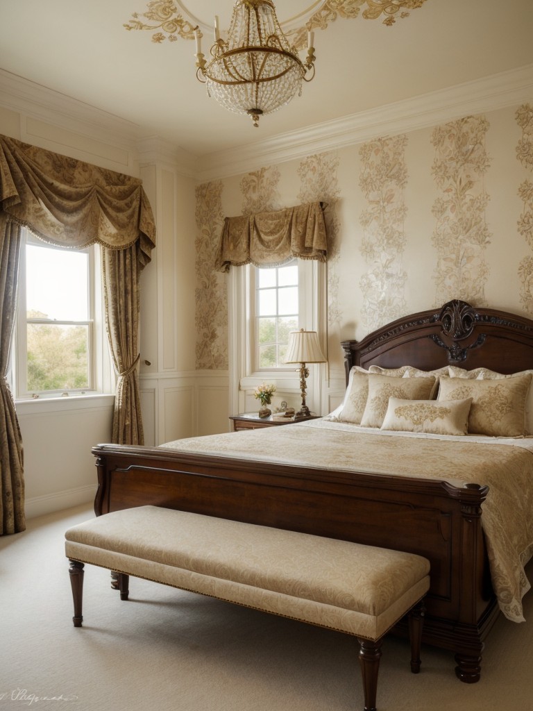 Timeless Vintage-inspired Bedroom: Ornate Wallpaper for Grandeur