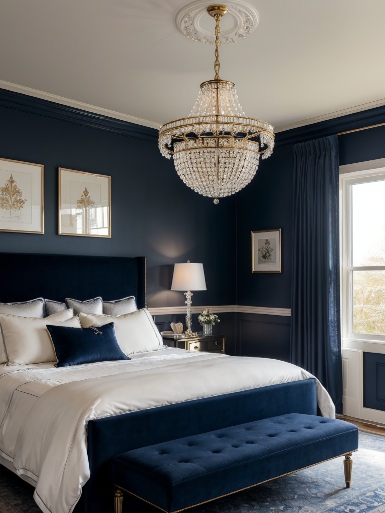 Navy Bedroom Glam: Liven up your space with a sparkling crystal chandelier!