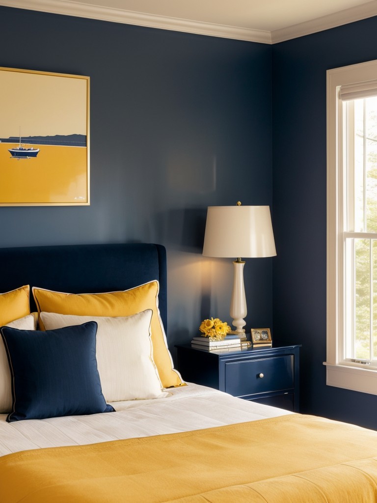 Navy-themed Bedroom: Timeless and Chic Decor with Vibrant Pops of Color