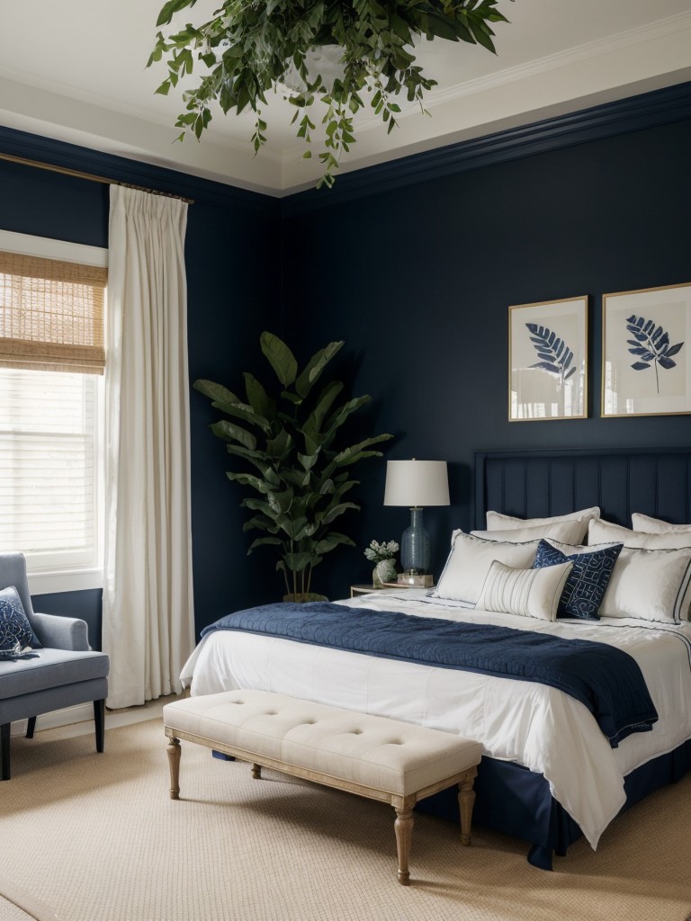 Navy Bedroom Bliss: Nature-inspired decor for a timeless and chic apartment