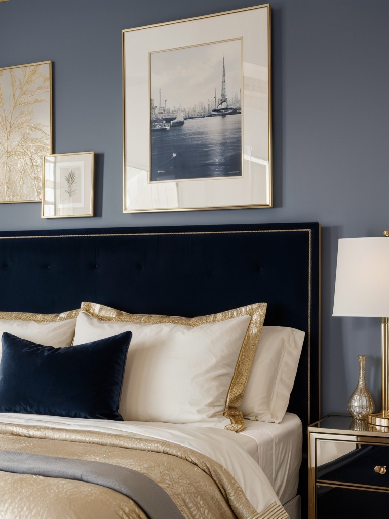 Stylish Navy Bedroom with Metallic Accents