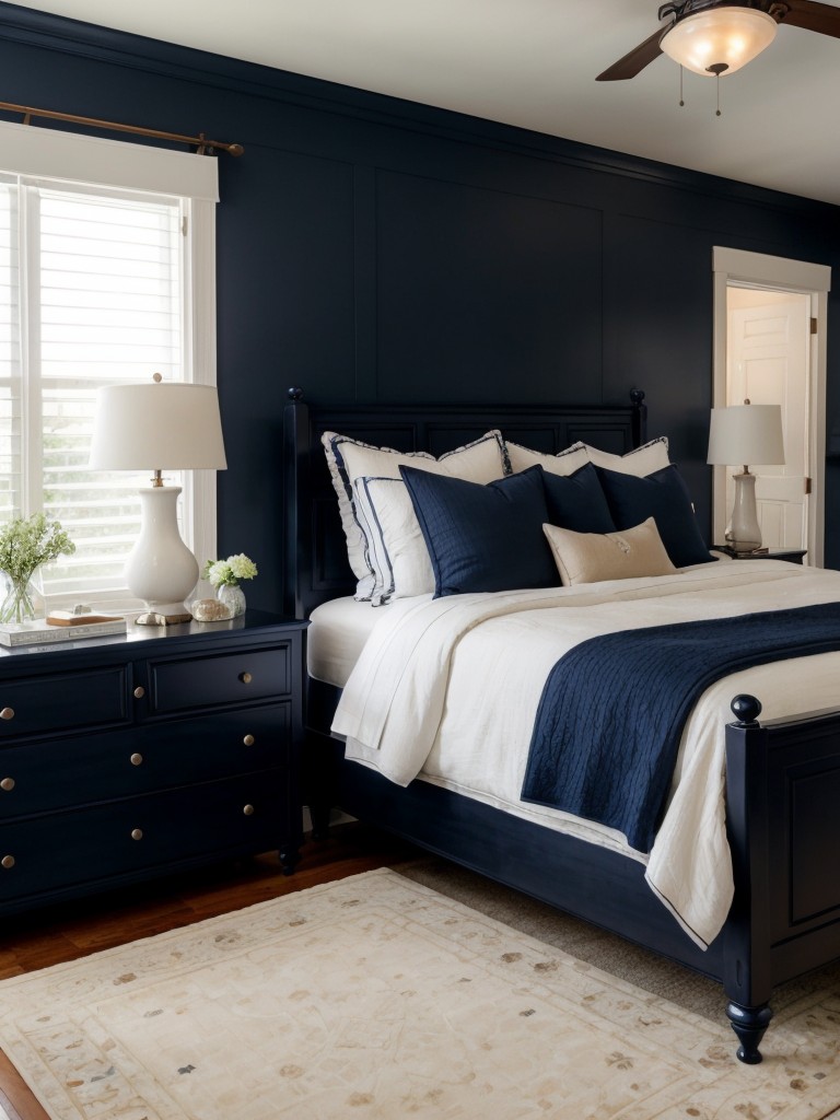 Cozy up with Navy Furnishings for a Timeless Apartment Bedroom!