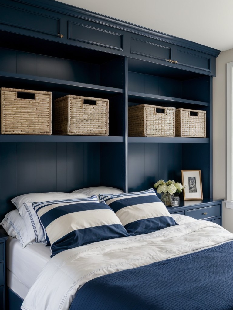 Maximize storage in a navy-themed bedroom with stylish furniture and clever organization.