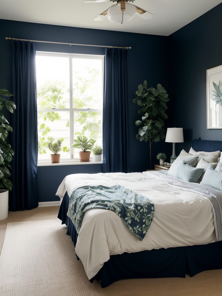 Stylish Navy Bedroom with Nature-Inspired Vibes