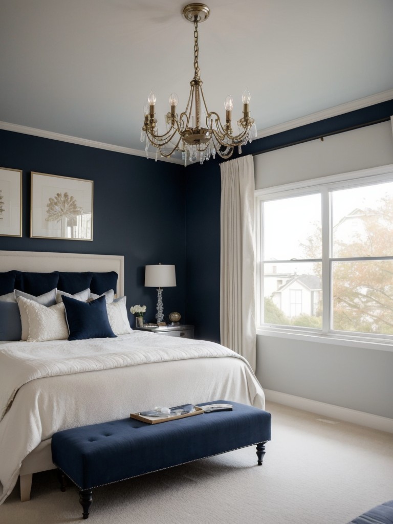 Navy Bedroom Bliss: Stylish Space with Statement Lighting!