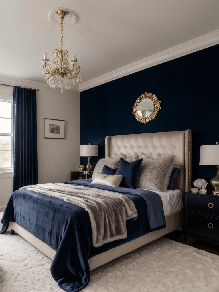 Opulent Navy Bedroom: Luxurious Textures for Stylish Comfort