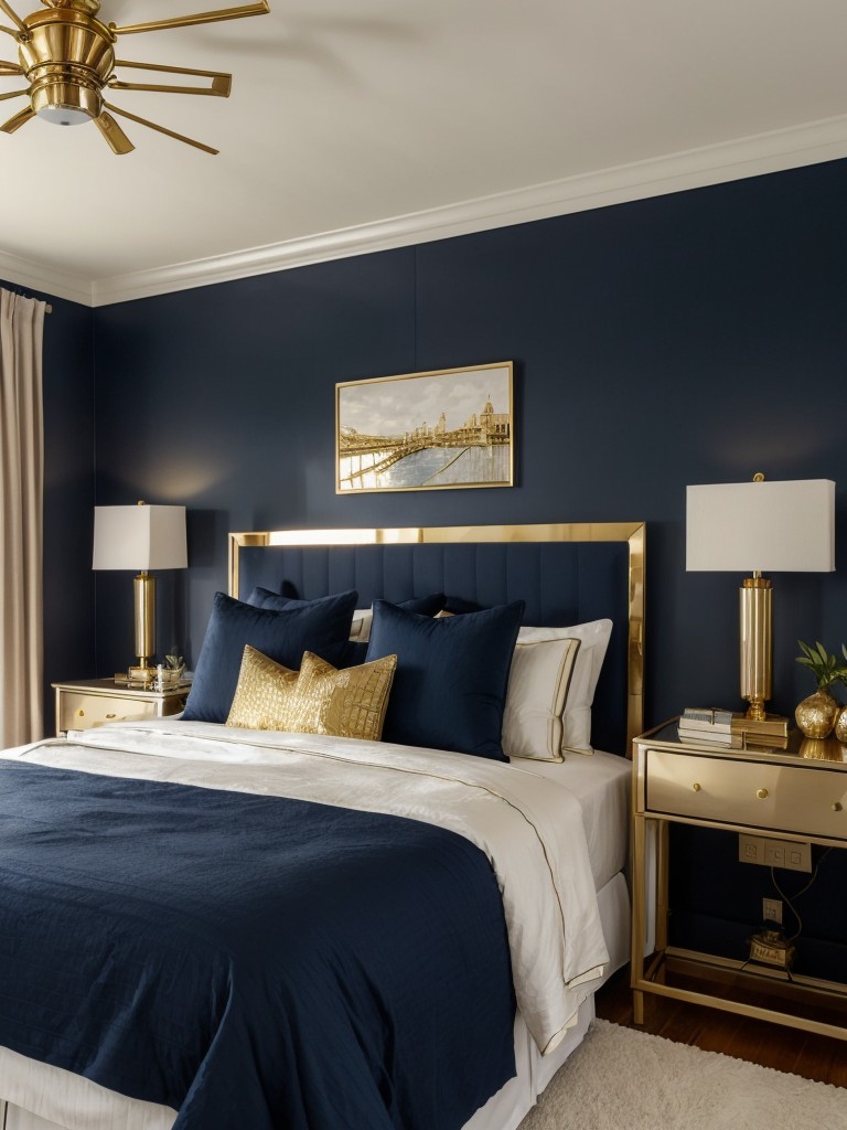 Glamorous Navy Bedroom Decor with Metallic Accents