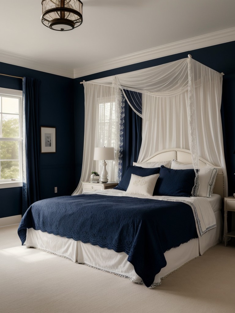 Chic Navy Blue Apartment Inspiration: Dreamy Canopy Bed & Romantic Vibes