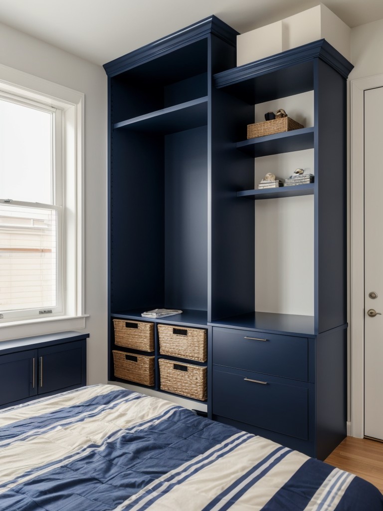 Navy Blue Bedroom Vibes: Organized and Stylish Apartment Living