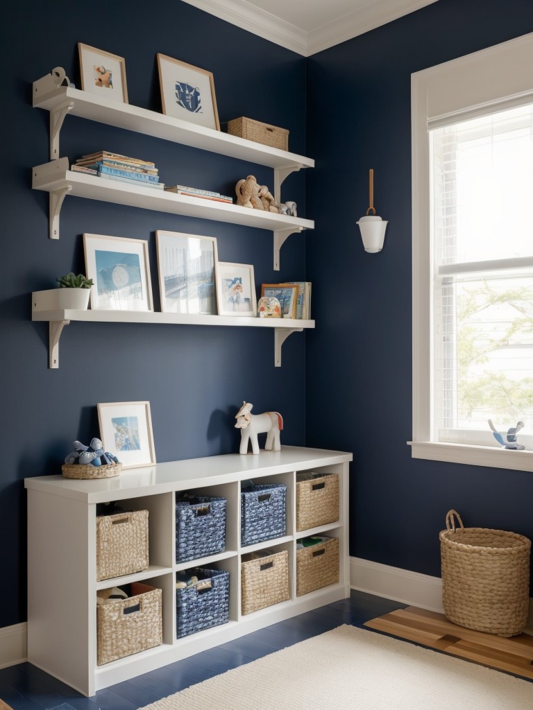 Kid-friendly Navy Blue Bedroom: Playful Wallpaper & Colorful Furniture for Modern Apartments