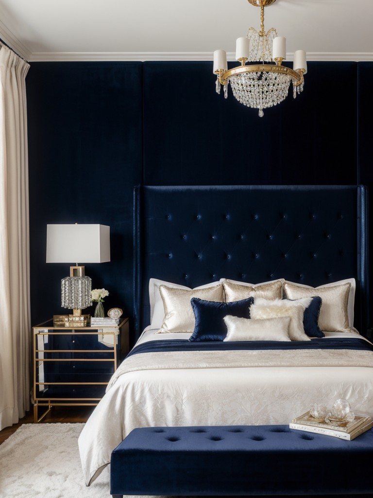 Glam Up Your Bedroom: Navy Blue + Velvet + Crystal Chandelier = Luxury Vibes.