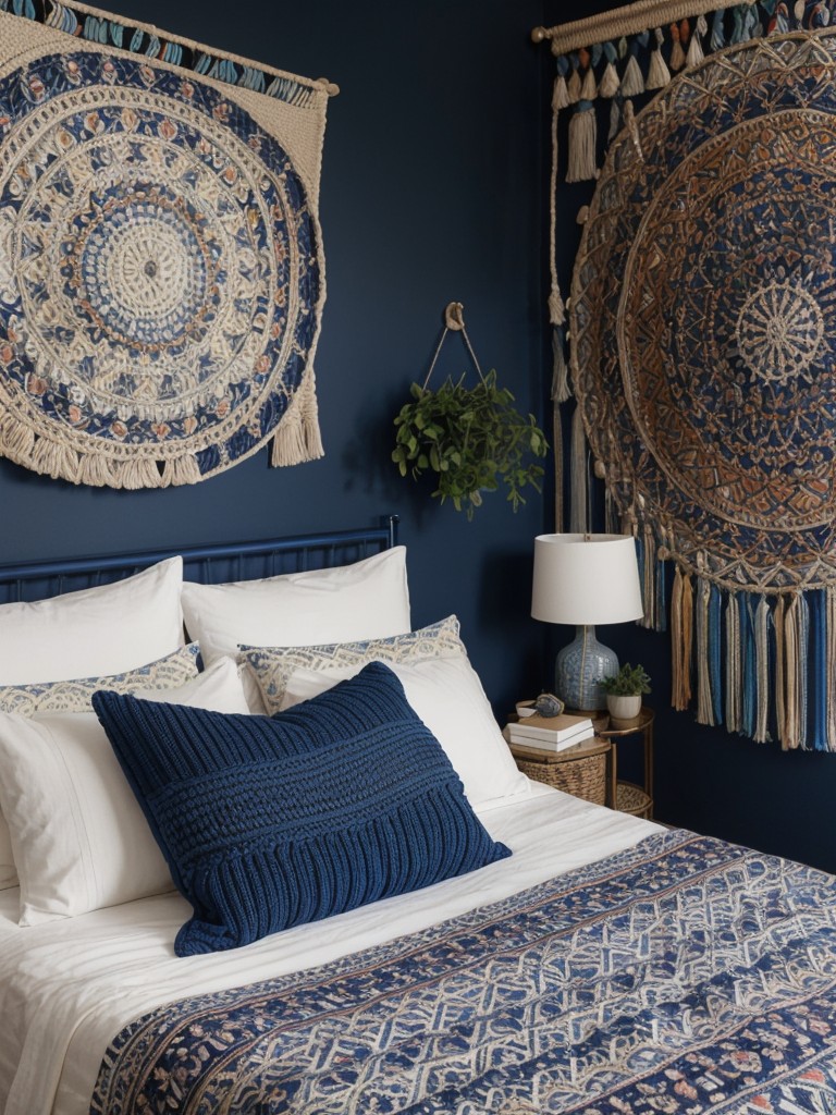 Boho Bliss: Elevate your apartment with navy blue bedrooms. #trendytwist #bohemianvibes