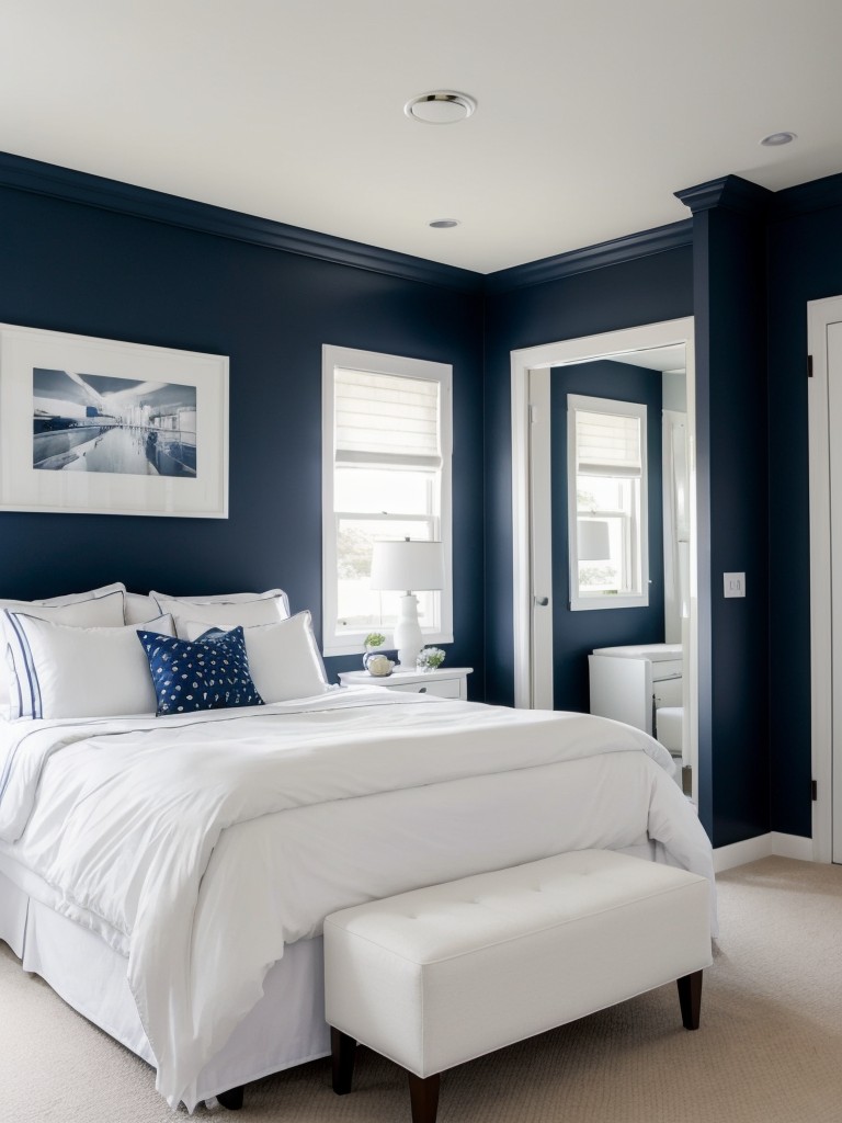 Modern Navy Bedroom: Stylish decor with clean lines and white furniture