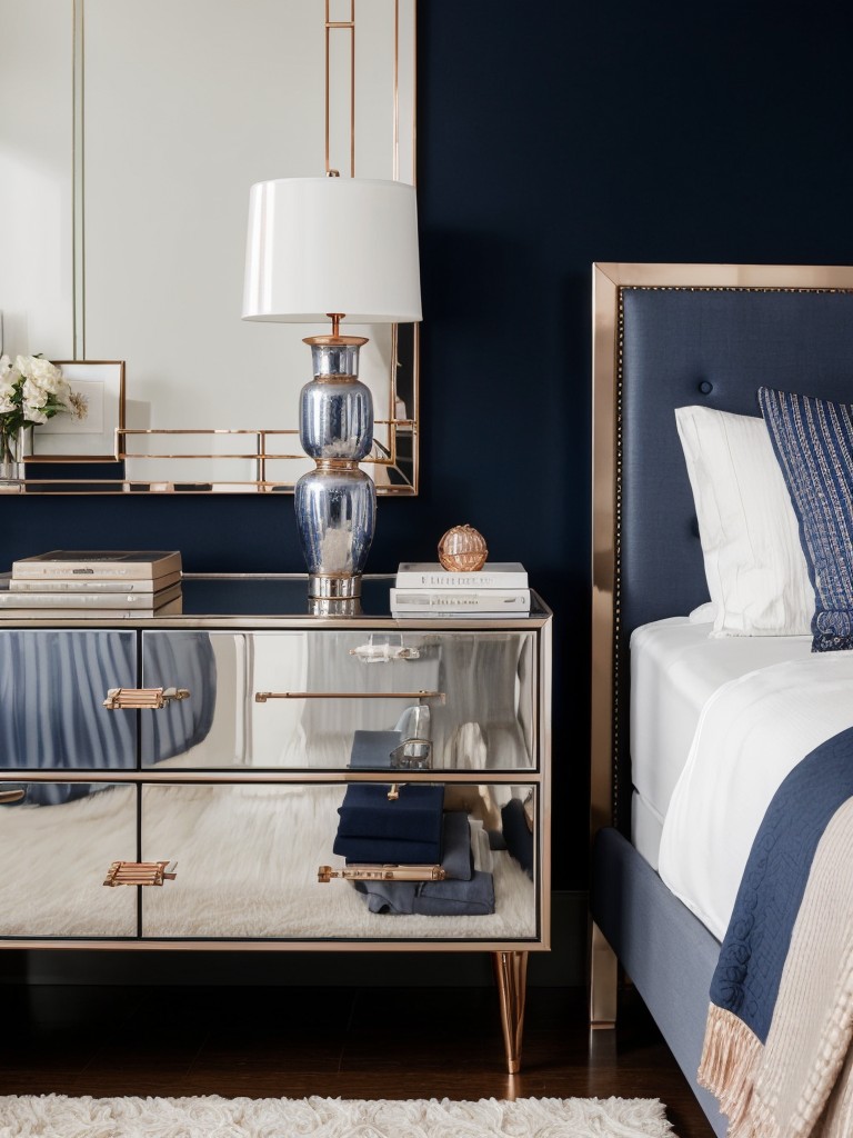 Navy Bedroom Bliss: Elevate Your Space with Metallic Accents!