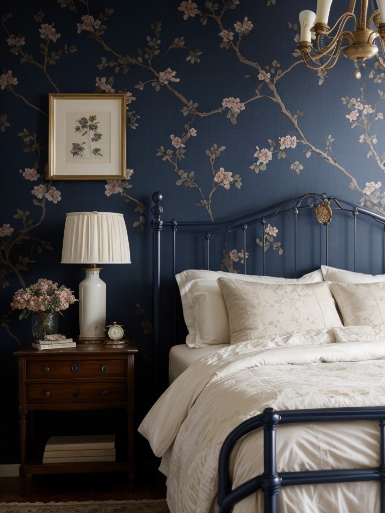 Vintage-inspired navy bedroom with enchanting allure