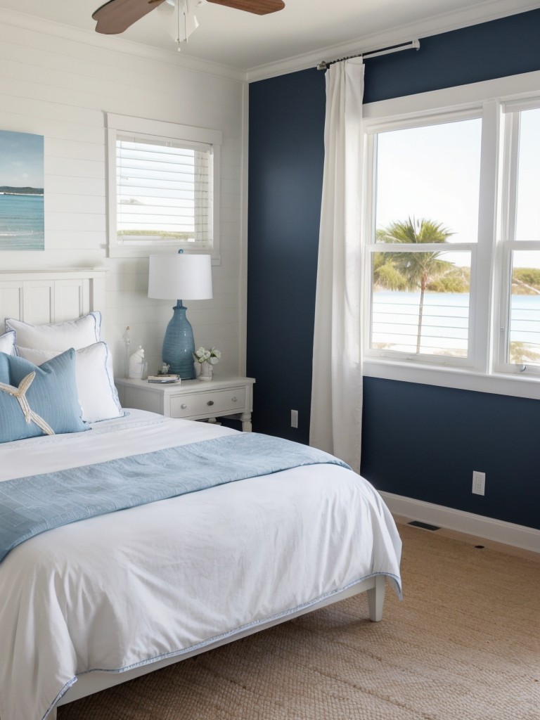 Coastal-Inspired Navy Bedroom: Serene Seashell Decor & Whitewashed Headboard