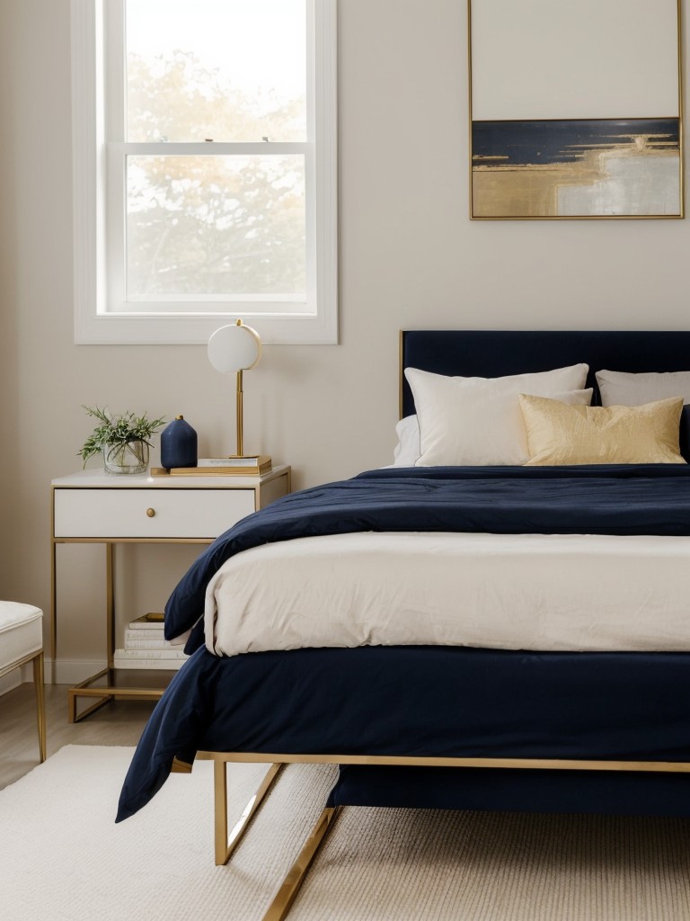 Zen-Inspired Navy and Gold Apartment Decor: Create a calming retreat with this modern bedroom combo.