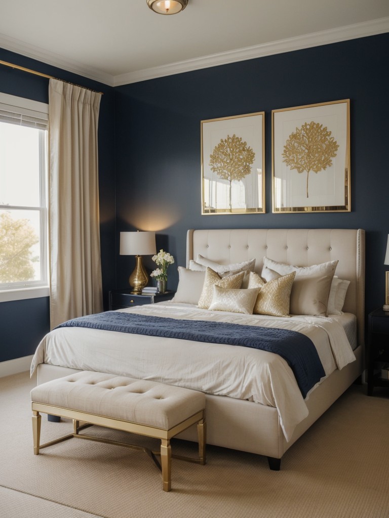 Chic apartment bliss: Navy and gold bedroom decor combo!