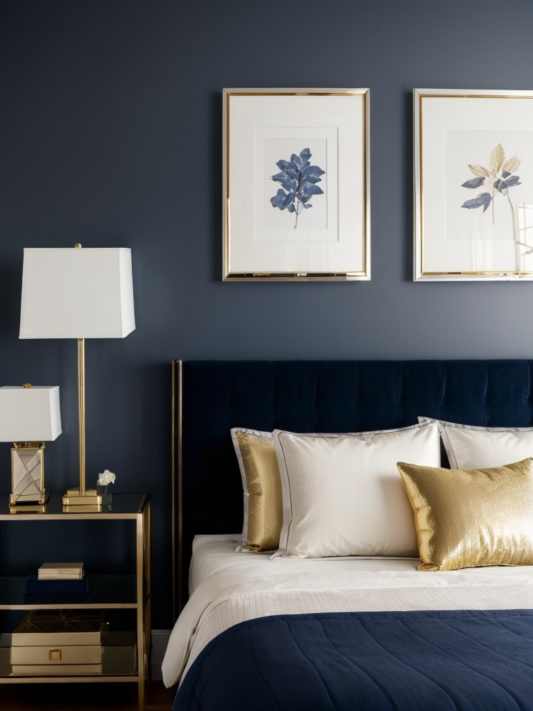 Chic Navy Bedroom Decor: Metallic Accents for Harmony