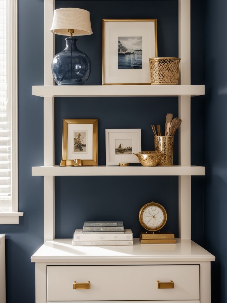 Stylish Navy Bedroom: Personalize your space with floating shelves!