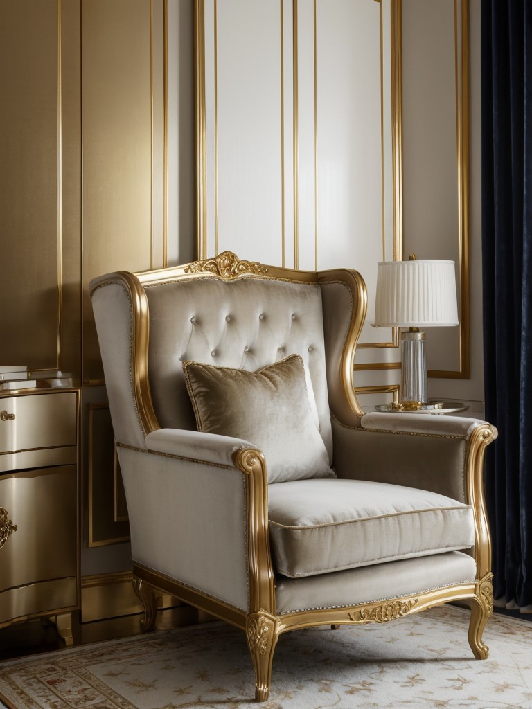 Chic Navy Bedroom with Luxe Sitting Area: Velvet Armchair and Gold Accents