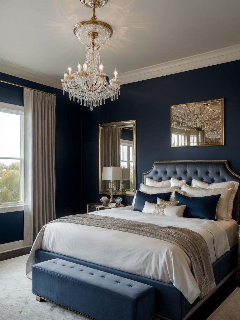 Chic Navy Bedroom: Glam up your space with a crystal chandelier