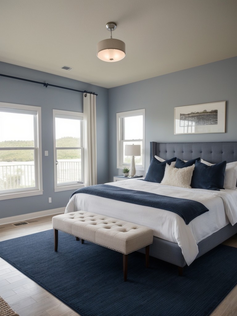 Sleek Navy Bedroom with Cozy Ambiance: Stylish and Warm Apartment Upgrade