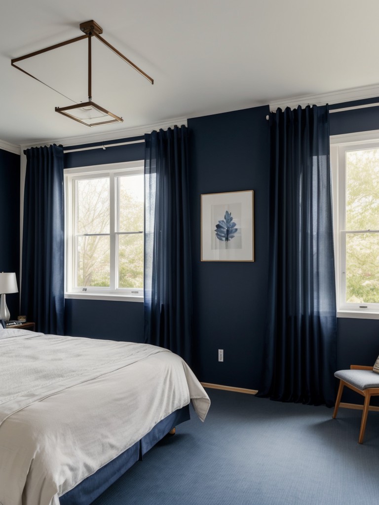 Navy Dream: Stylish Bedrooms with Floor-to-Ceiling Curtains!