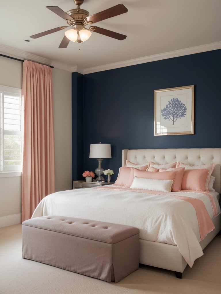 Chic Navy Bedroom: Add Coral or Blush for a Feminine Touch.