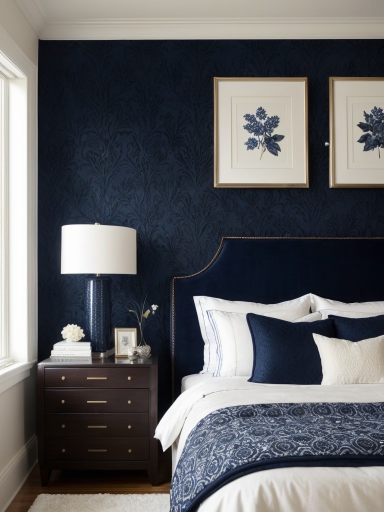 Bold Navy Bedroom: Timeless Elegance with Intricate Patterns & Textured Finishes