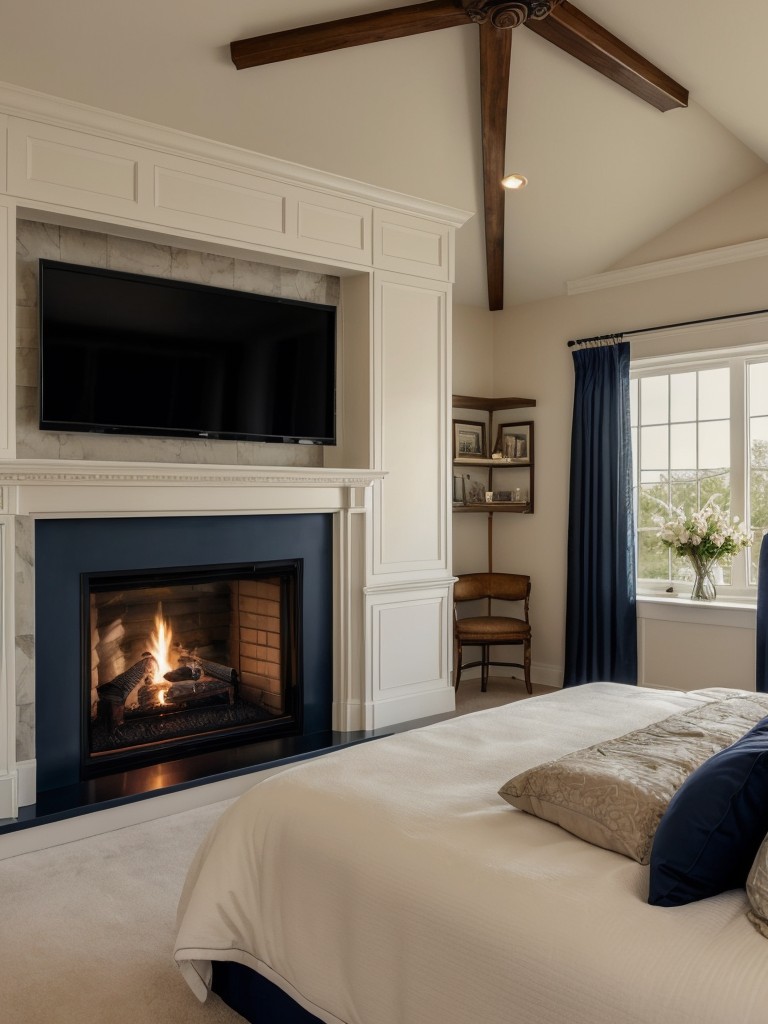 Cozy Navy Bedroom with Fireplace: Create a romantic and timeless atmosphere.