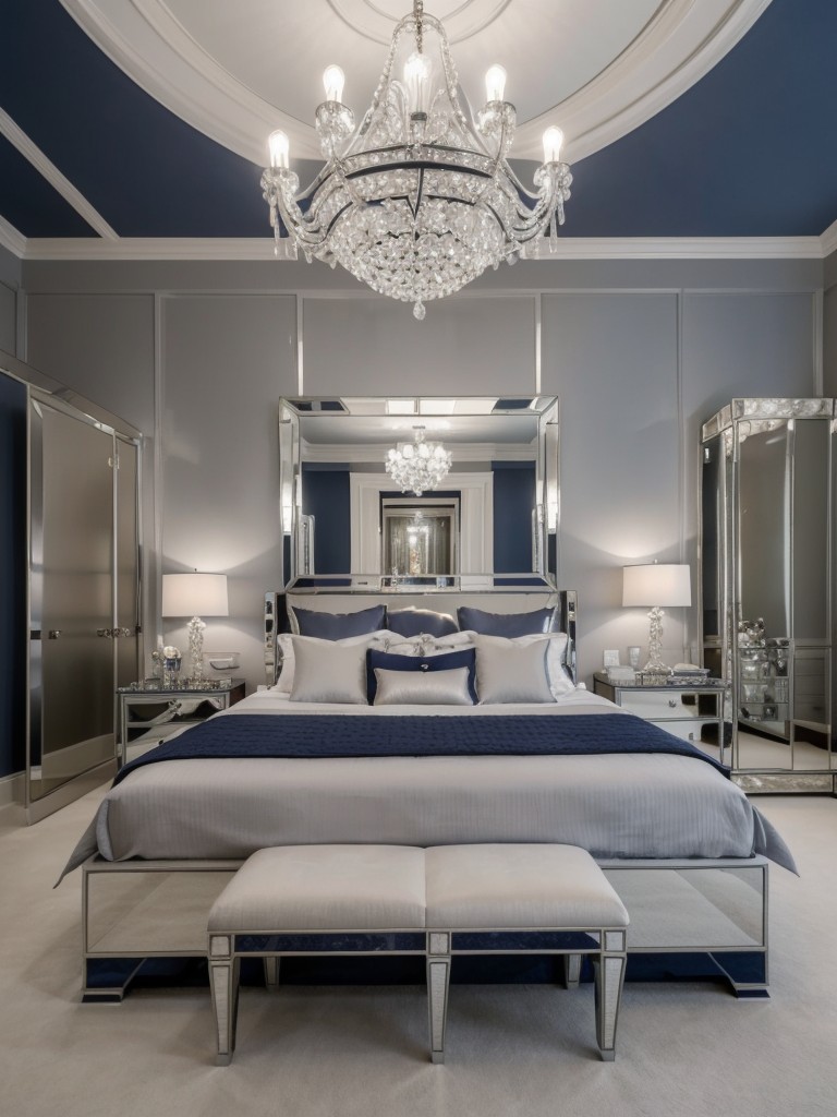 Glamorize Your Navy Bedroom with Mirrored Furniture & Crystal Chandeliers