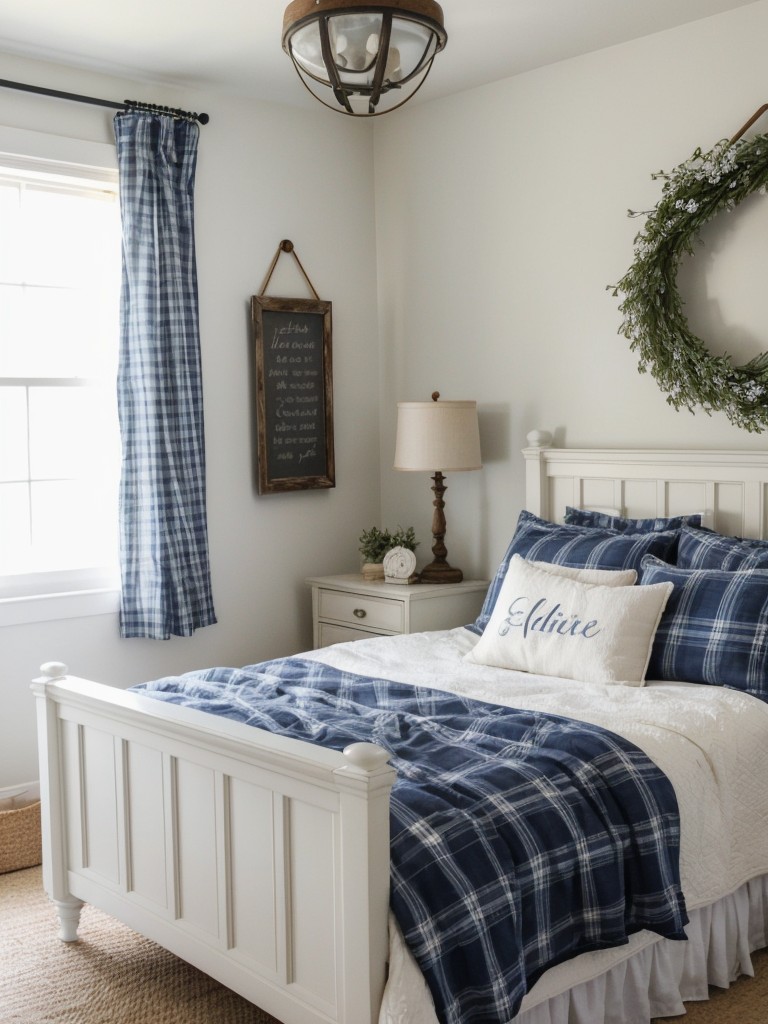 Farmhouse-inspired bedroom: Classic navy and white decor with a cozy twist