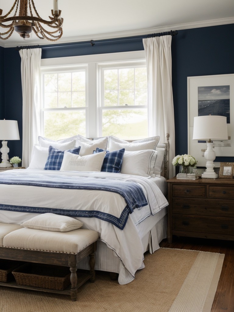 Chic apartment: Navy & White bedroom with a cozy farmhouse twist!