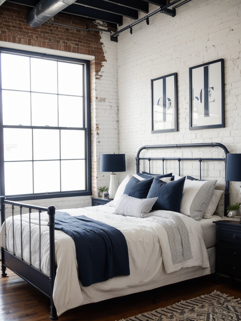 Edgy Industrial Loft Vibes: Navy and White Bedroom Decor