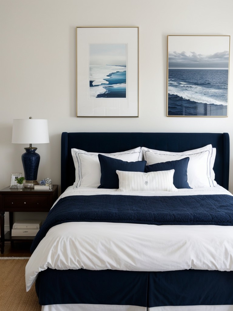 Creative Bedroom Vibes: Navy and White Artistic Apartment Decor