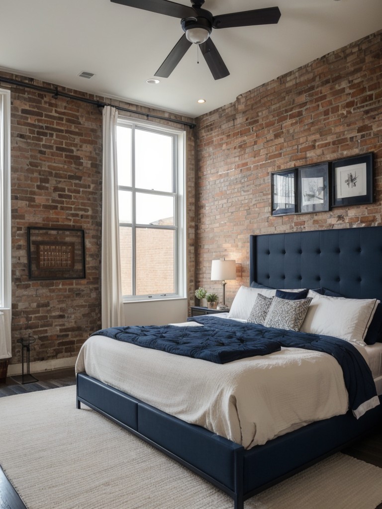 Navy Decor for an Industrial Bedroom: Exposed Brick & Metal Accents